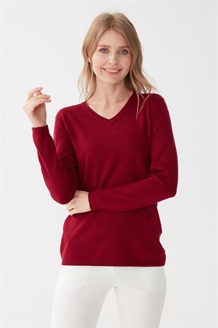 Женская базовая блузка из лайкры с V-образным вырезом цвета вишни