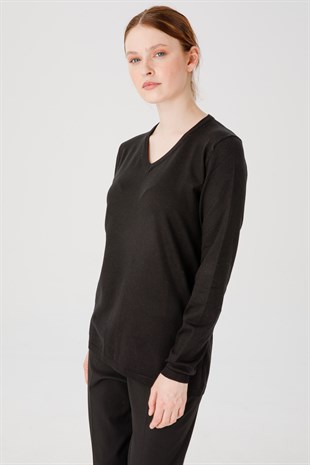 Женская базовая блузка из лайкры с V-образным вырезом, черная