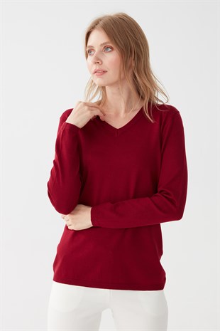 Женская базовая блузка из лайкры с V-образным вырезом цвета вишни