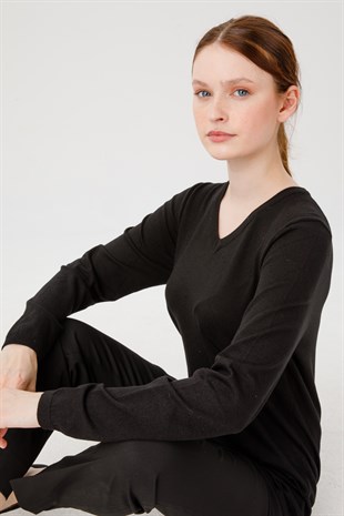 Женская базовая блузка из лайкры с V-образным вырезом, черная