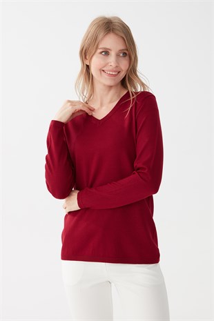 Женская базовая блузка из лайкры с V-образным вырезом цвета вишни