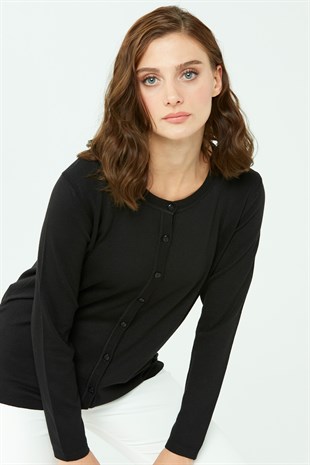 Kadın Likralı Basic Uzun Kollu Sıfır Yaka Hırka Siyah