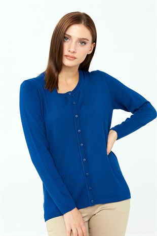 Kadın Likralı Basic Uzun Kollu Sıfır Yaka Hırka Saks