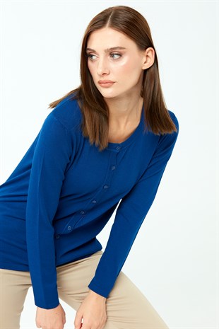 Kadın Likralı Basic Uzun Kollu Sıfır Yaka Hırka Saks