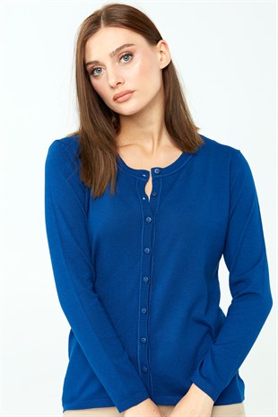 Kadın Likralı Basic Uzun Kollu Sıfır Yaka Hırka Saks