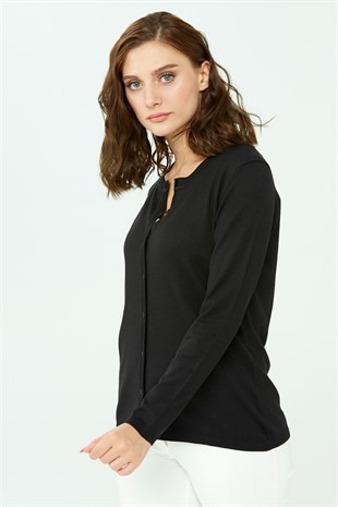 Kadın Likralı Basic Uzun Kollu Sıfır Yaka Hırka Siyah