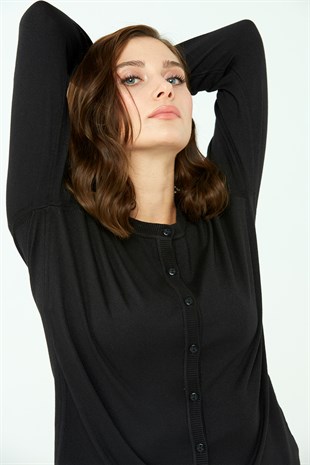 Kadın Likralı Basic Uzun Kollu Sıfır Yaka Hırka Siyah