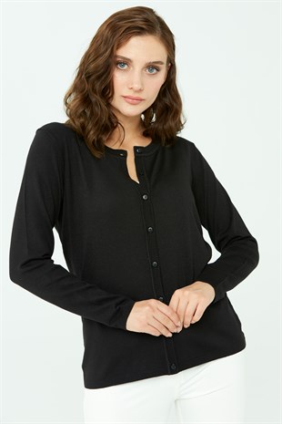 Kadın Likralı Basic Uzun Kollu Sıfır Yaka Hırka Siyah