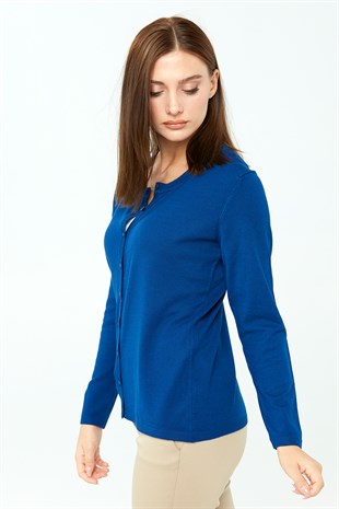 Kadın Likralı Basic Uzun Kollu Sıfır Yaka Hırka Saks