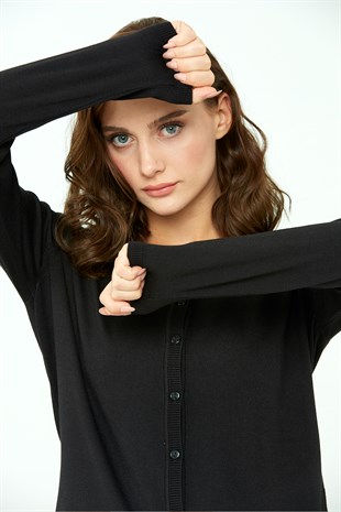 Kadın Likralı Basic Uzun Kollu Sıfır Yaka Hırka Siyah