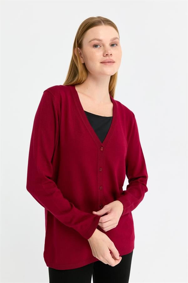 Женский базовый кардиган из лайкры с длинными рукавами и V-образным вырезом Темно - Вишнёвый 