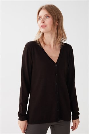 Женский  базовый кардиган из лайкры V-образным вырезом Темно-кофейный