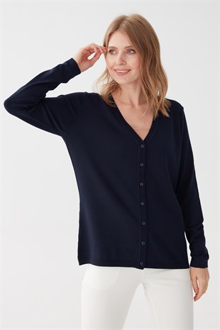 Женский базовый кардиган из лайкры с V-образным вырезом Темно-синий Цвет