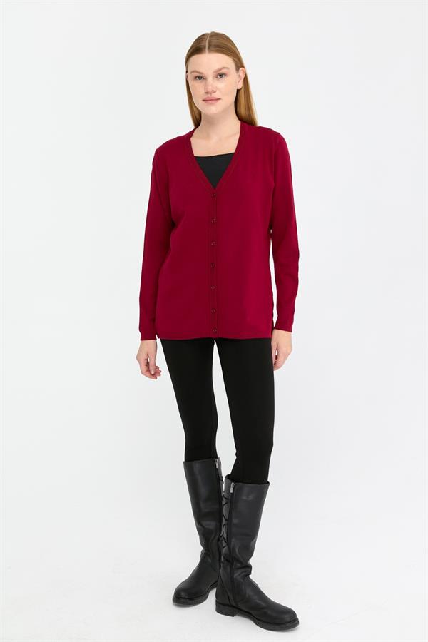 Женский базовый кардиган из лайкры с длинными рукавами и V-образным вырезом Темно - Вишнёвый 