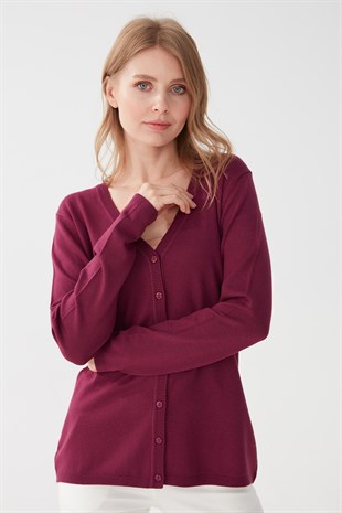 Женский  базовый кардиган из лайкры с V-образным вырезом цвета сливы