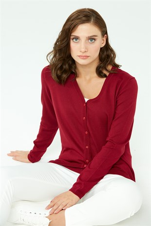 Женский  базовый кардиган из лайкры с V-образным вырезом Вишневый цвет