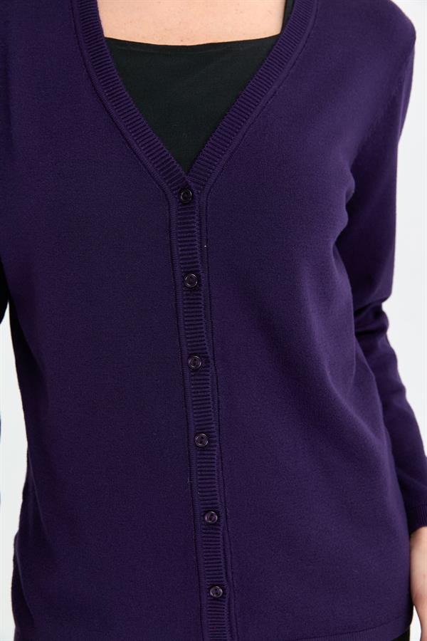 Kadın Likralı Basic Uzun Kollu V Yaka Hırka K.Mor