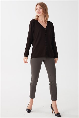 Женский  базовый кардиган из лайкры V-образным вырезом Темно-кофейный