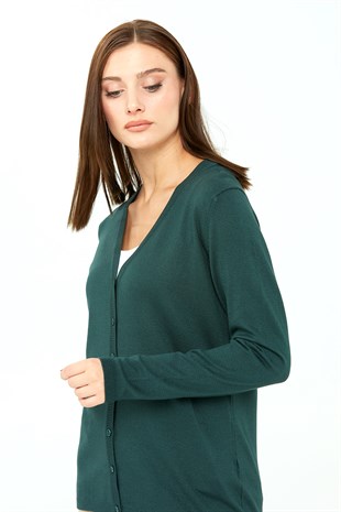 Womens Lycra Basic V-Neck Cardigan Dark Green