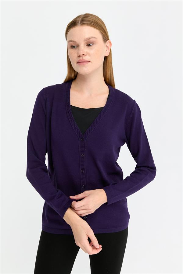 Kadın Likralı Basic Uzun Kollu V Yaka Hırka K.Mor