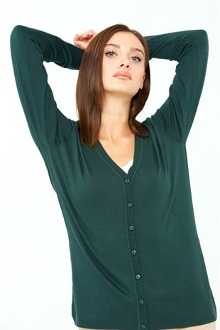 Womens Lycra Basic V-Neck Cardigan Dark Green
