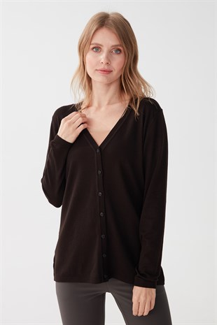 Женский  базовый кардиган из лайкры V-образным вырезом Темно-кофейный