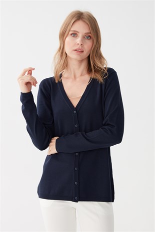 Женский базовый кардиган из лайкры с V-образным вырезом Темно-синий Цвет