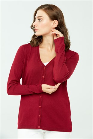 Женский  базовый кардиган из лайкры с V-образным вырезом Вишневый цвет