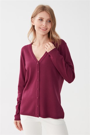 Женский  базовый кардиган из лайкры с V-образным вырезом цвета сливы