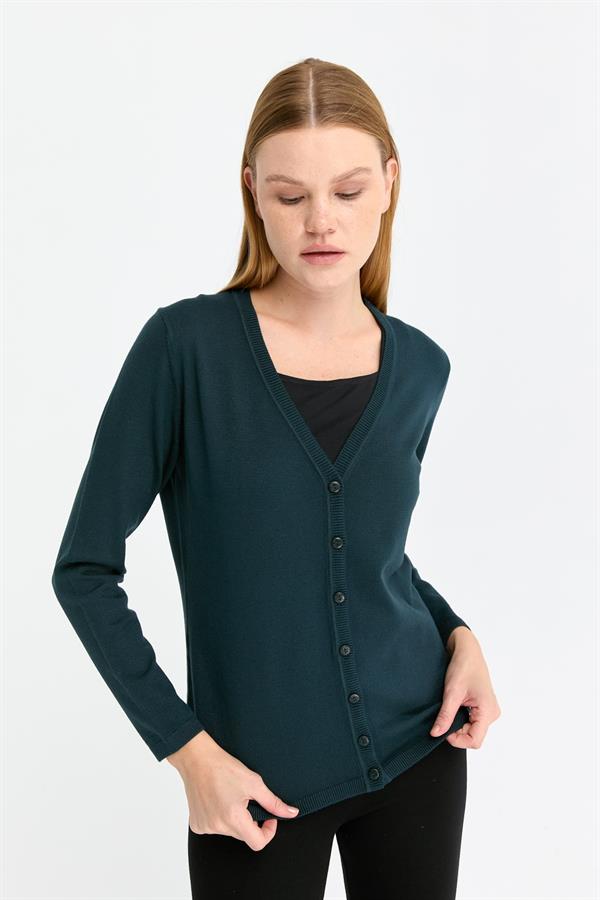 Kadın Likralı Basic Uzun Kollu V Yaka Hırka Petrol