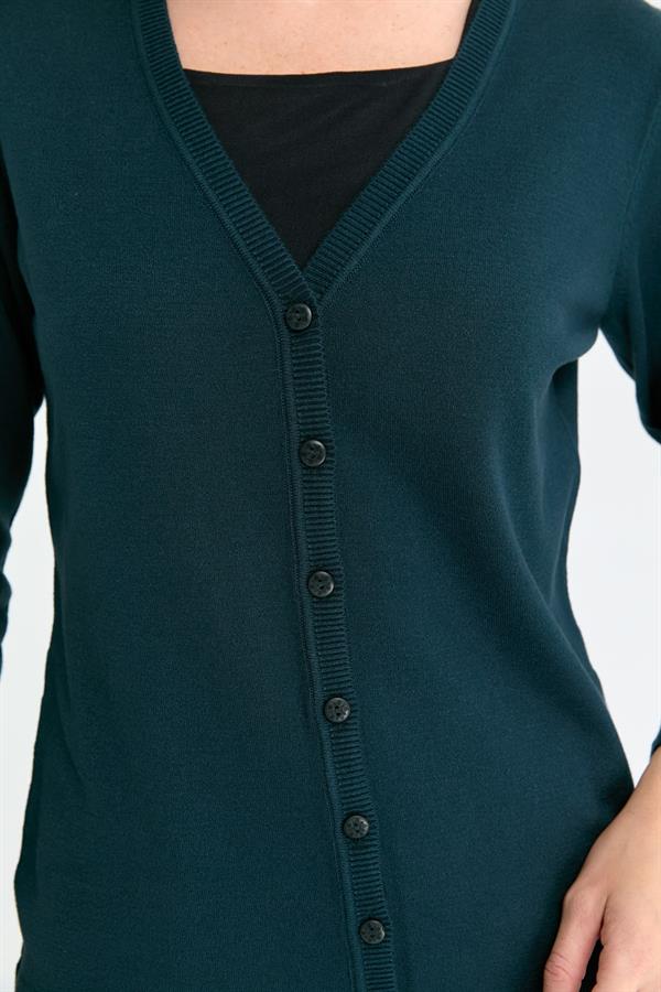 Kadın Likralı Basic Uzun Kollu V Yaka Hırka Petrol