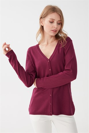 Женский  базовый кардиган из лайкры с V-образным вырезом цвета сливы