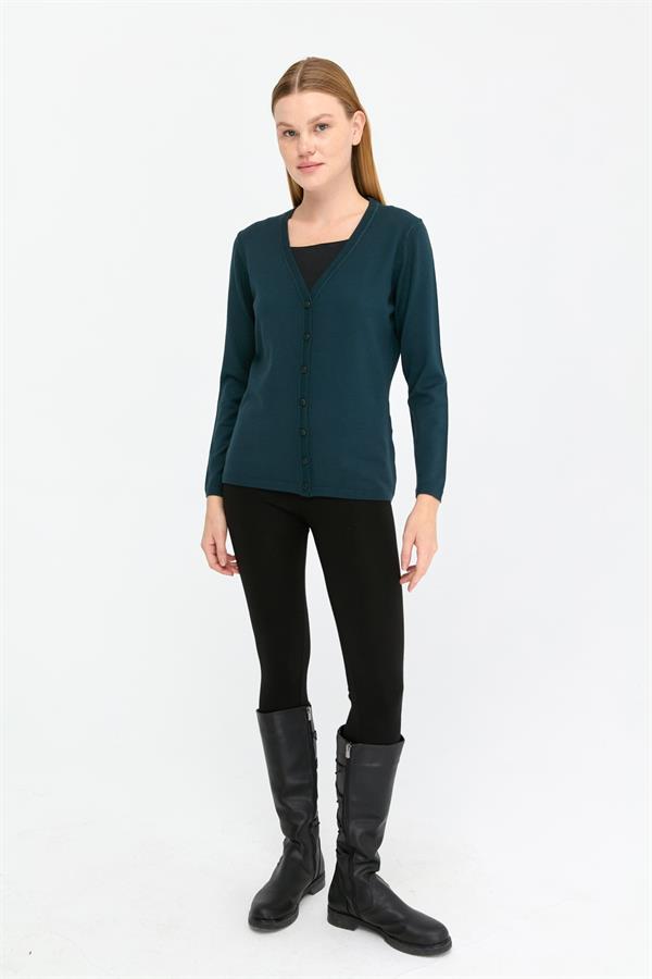 Kadın Likralı Basic Uzun Kollu V Yaka Hırka Petrol