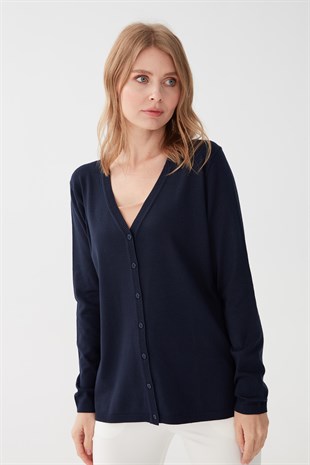 Женский базовый кардиган из лайкры с V-образным вырезом Темно-синий Цвет