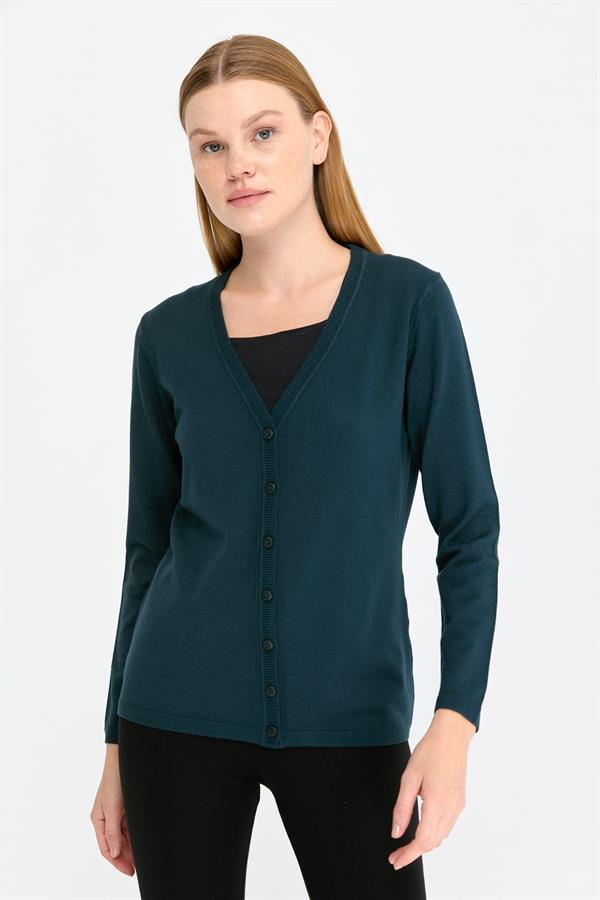 Kadın Likralı Basic Uzun Kollu V Yaka Hırka Petrol