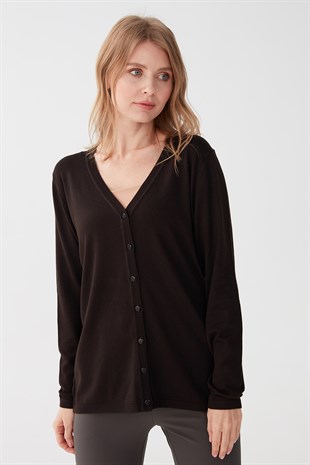 Женский  базовый кардиган из лайкры V-образным вырезом Темно-кофейный