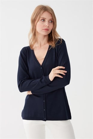 Женский базовый кардиган из лайкры с V-образным вырезом Темно-синий Цвет