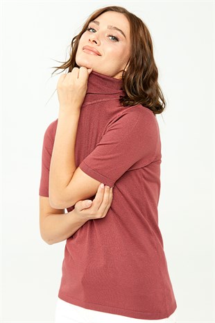 Женская блузка с водолазкой из лайкры сушеного розового цвета.