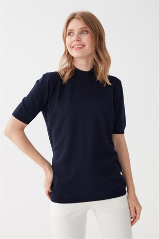 Женская блузка с высоким воротником из лайкры Темно-синий