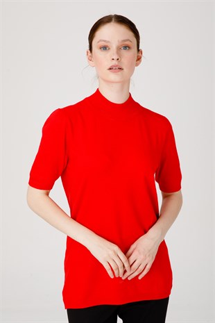 Женская блузка с высоким воротником из лайкры кораллового цвета