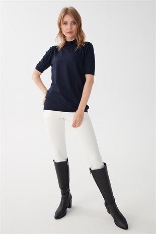 Женская блузка с высоким воротником из лайкры Темно-синий