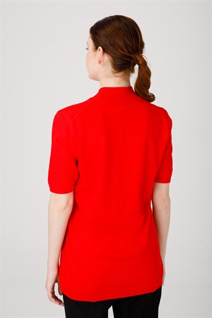 Женская блузка с высоким воротником из лайкры кораллового цвета