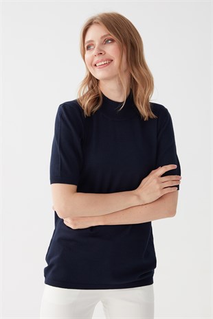 Женская блузка с высоким воротником из лайкры Темно-синий