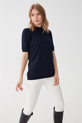 Женская блузка с высоким воротником из лайкры Темно-синий