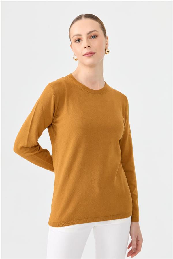 Kadın Likralı Uzun Kol Basic Sıfır Yaka Bluz Hardal