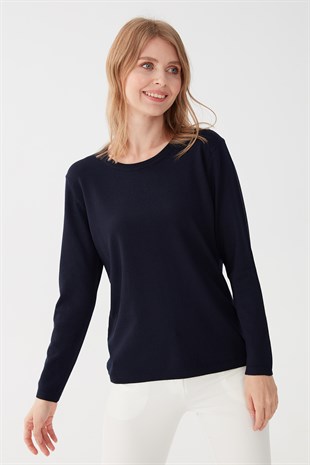 Женская базовая блузка из лайкры с круглым вырезом темно-синяя