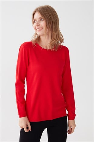 Женская базовая блузка из лайкры с круглым вырезом кораллового цвета