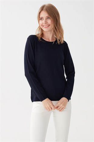 Женская базовая блузка из лайкры с круглым вырезом темно-синяя
