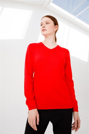 Женская базовая блузка из лайкры с v-образным вырезом кораллового цвета