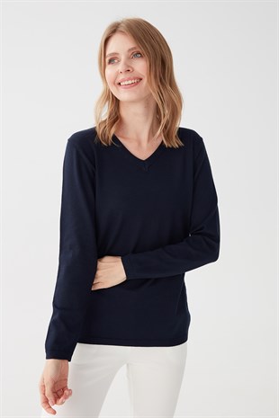 Женская базовая блузка из лайкры с v-образным вырезом темно-синяя